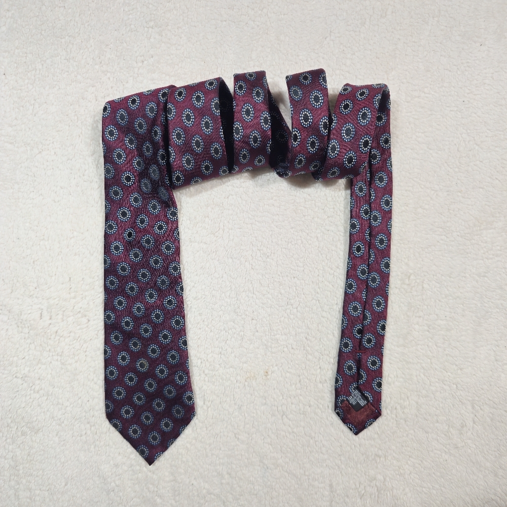 Silk Armani Collezioni Tie in Maroon W/White & Blue Geometric Design
